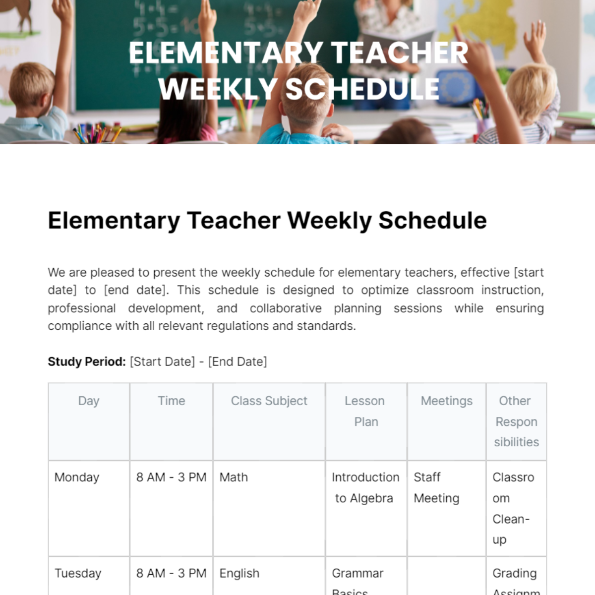 Elementary Teacher Weekly Schedule Template - Edit Online & Download