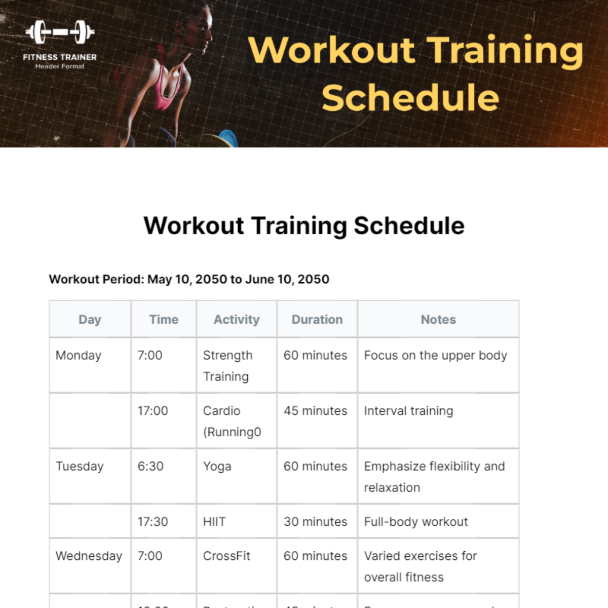 Workout Training Schedule Template - Edit Online & Download