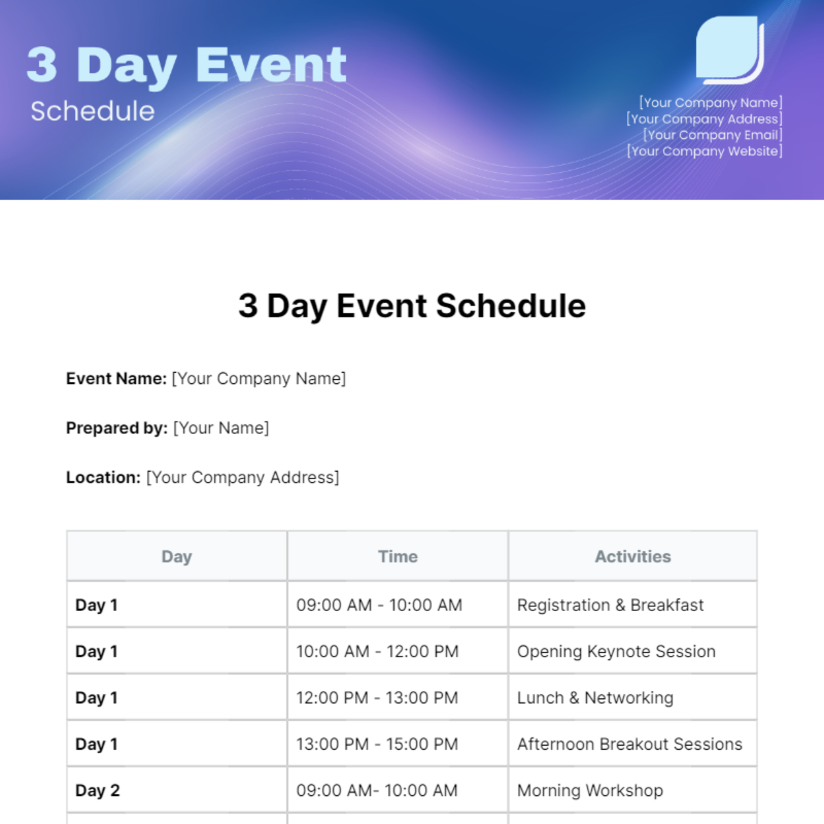3 Day Event Schedule Template