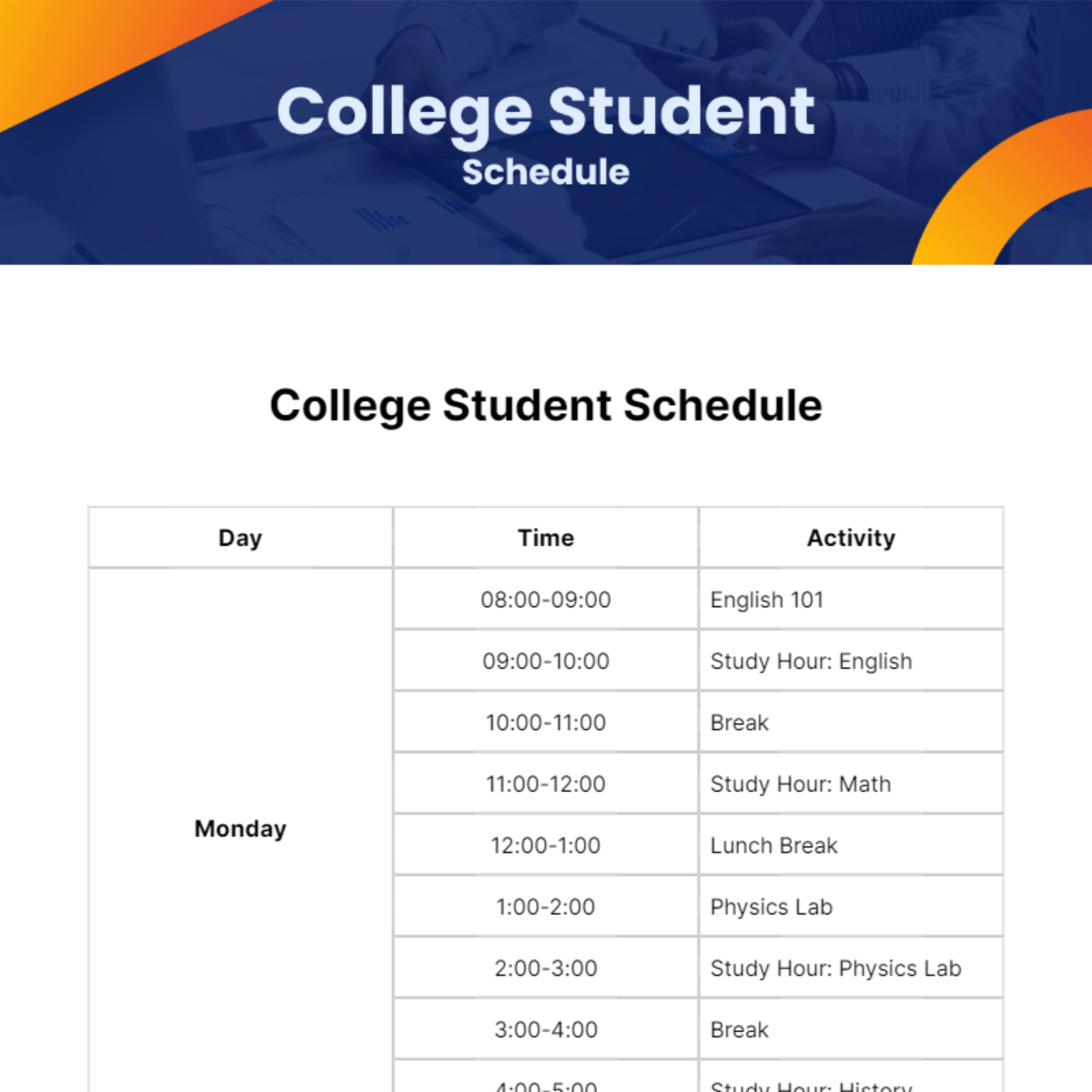 College Student Schedule Template - Edit Online & Download