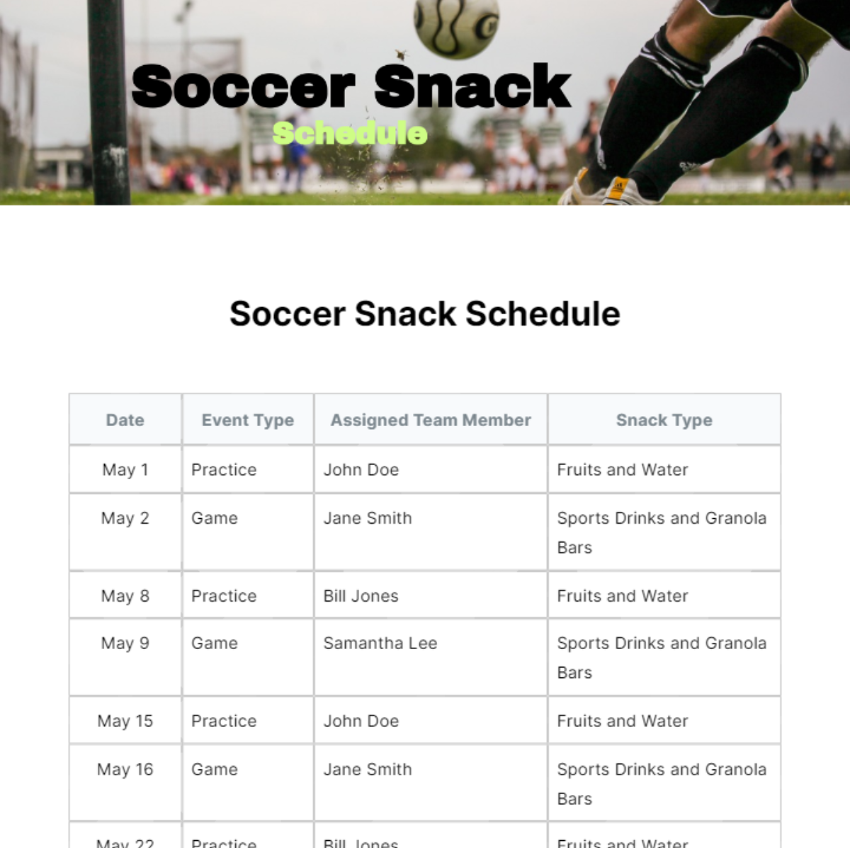 Soccer Snack Schedule Template Edit Online & Download Example