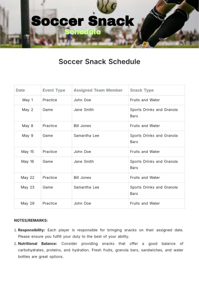 Free Soccer Snack Schedule Template to Edit Online