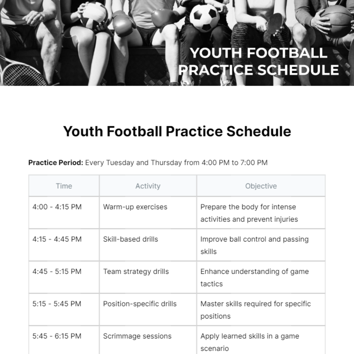 Youth Football Practice Schedule Template - Edit Online & Download