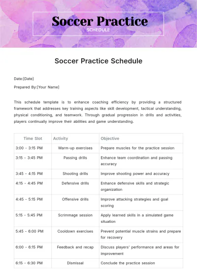Free Soccer Practice Schedule Template to Edit Online