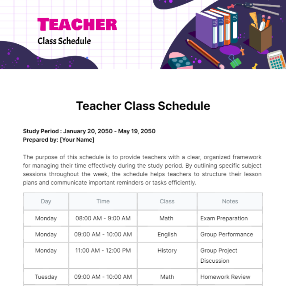 Teacher Class Schedule Template - Edit Online & Download