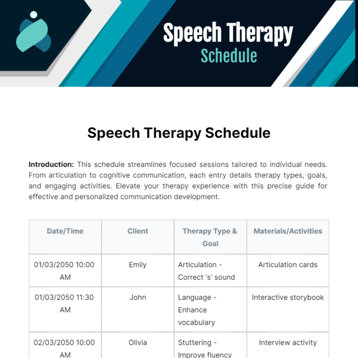 Speech Therapy Schedule Template - Edit Online & Download