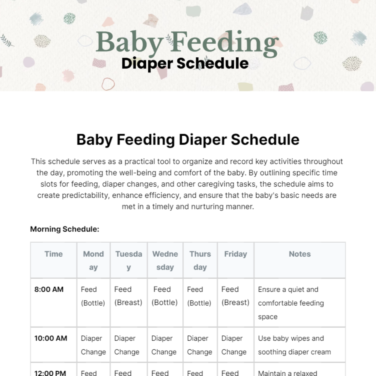 Baby Feeding Diaper Schedule Template - Edit Online & Download