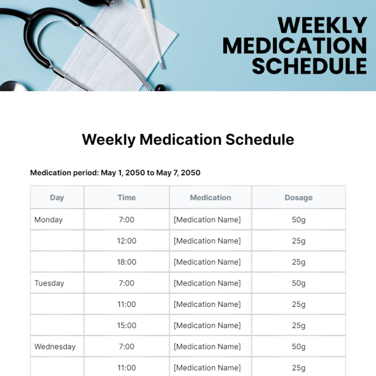 Weekly Medication Schedule Template - Edit Online & Download