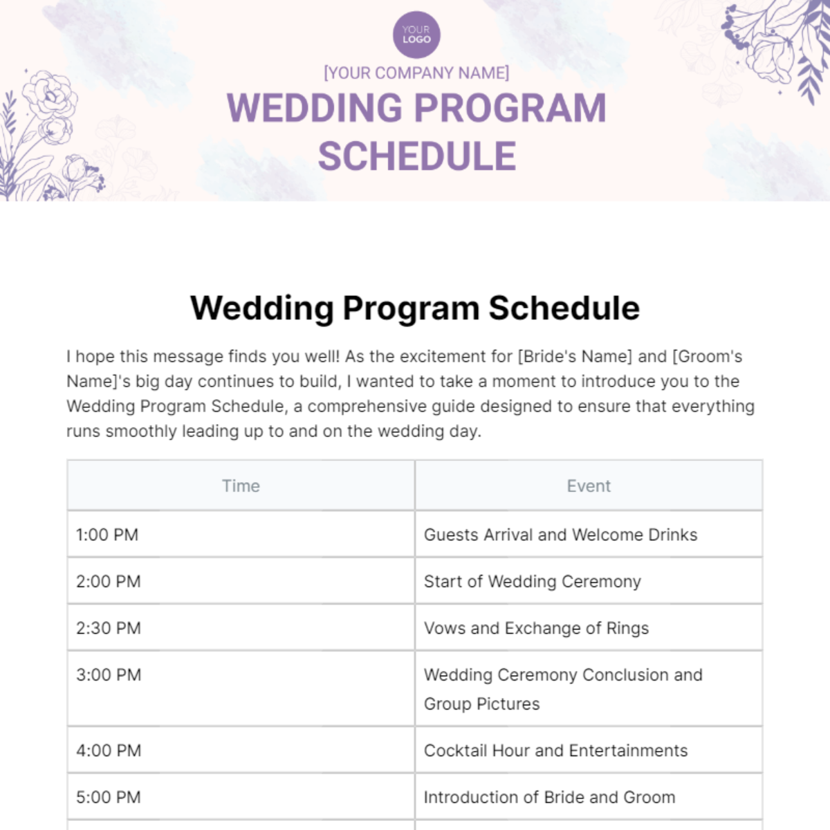 Wedding Program Schedule Template - Edit Online & Download