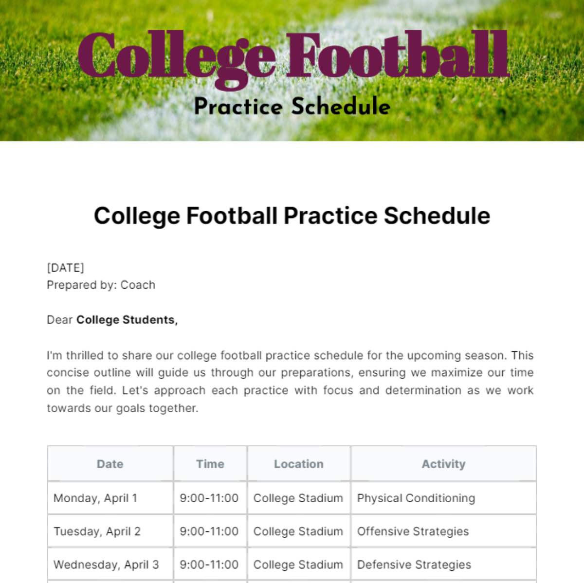 College Football Practice Schedule Template - Edit Online & Download