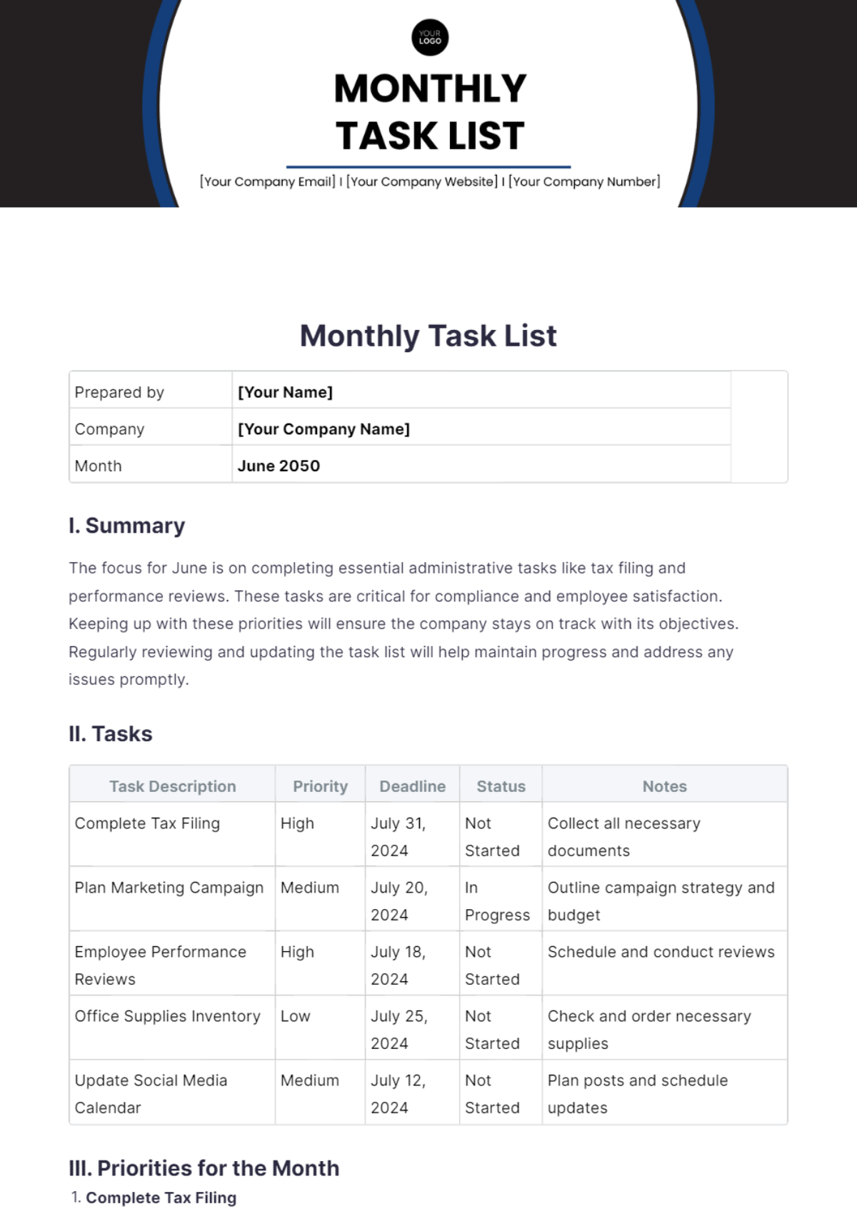 Monthly Task List Template - Edit Online & Download