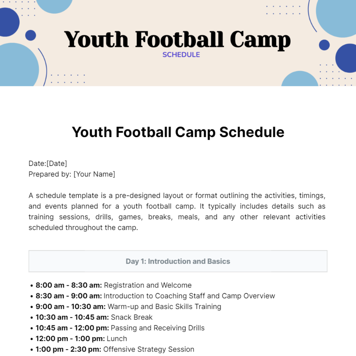 Youth Football Camp Schedule Template - Edit Online & Download