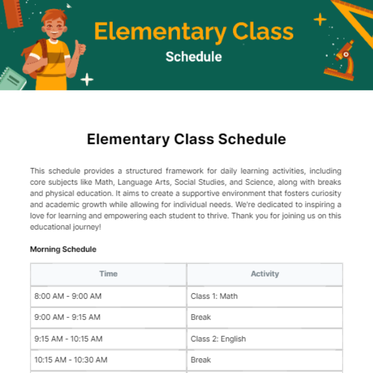 Elementary Class Schedule Template - Edit Online & Download