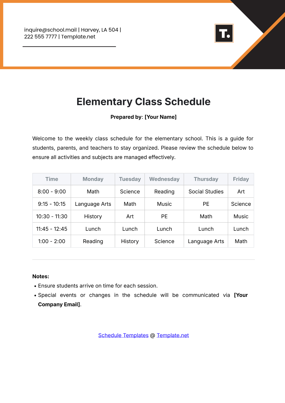 Elementary Class Schedule Template - Edit Online & Download