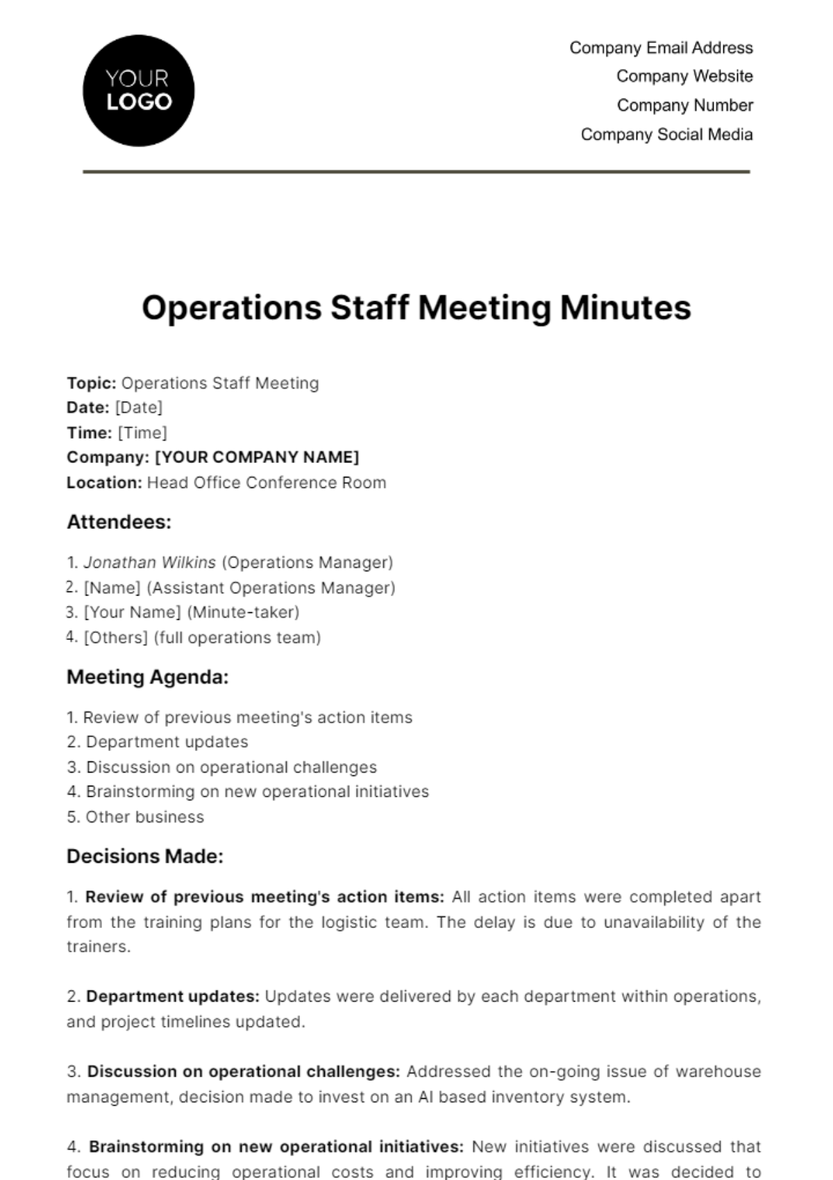 Operations Staff Meeting Minute Template - Edit Online & Download