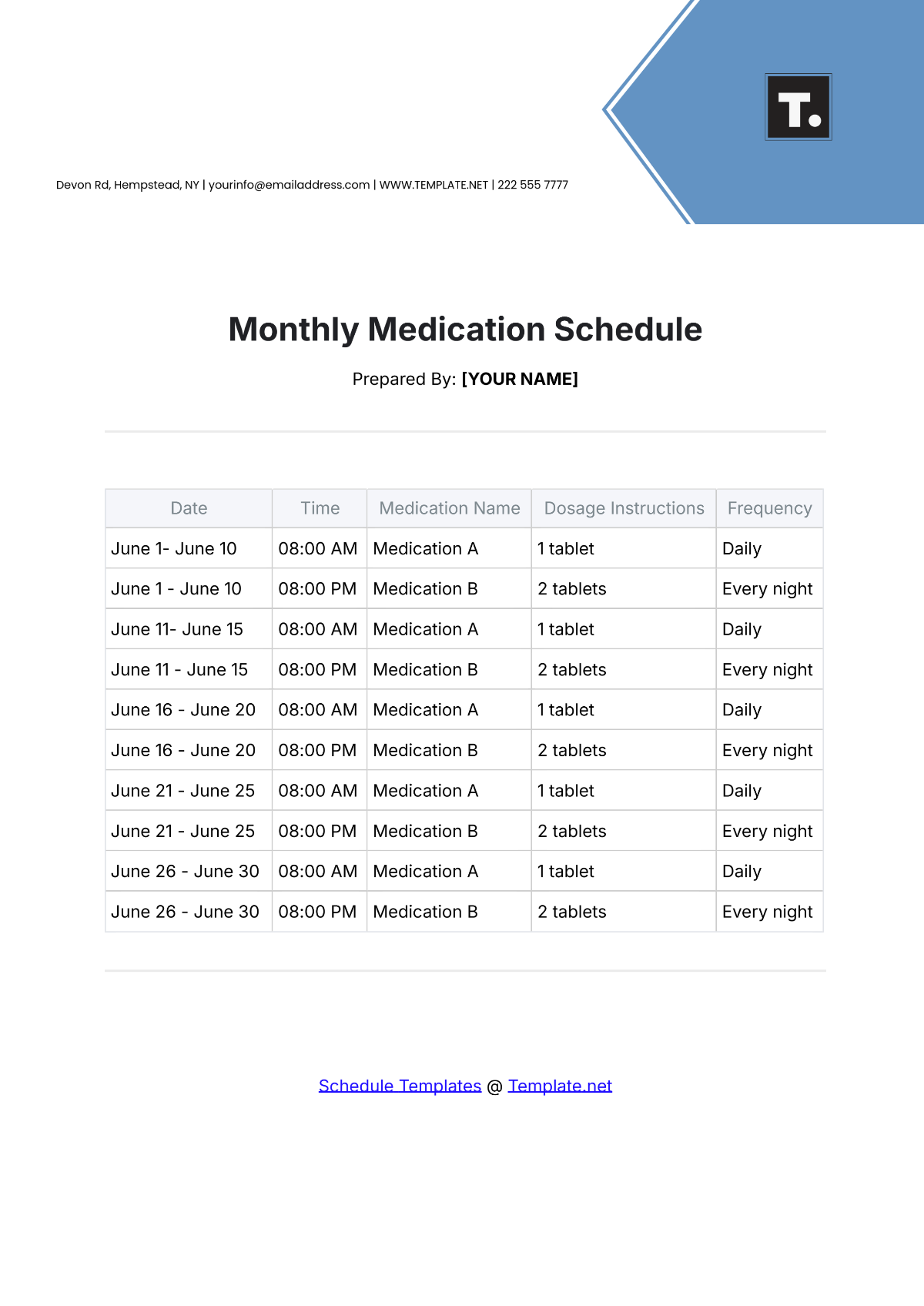 Free Monthly Medication Schedule Template