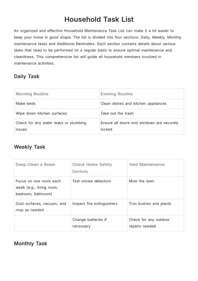 Free Household Task List Template to Edit Online