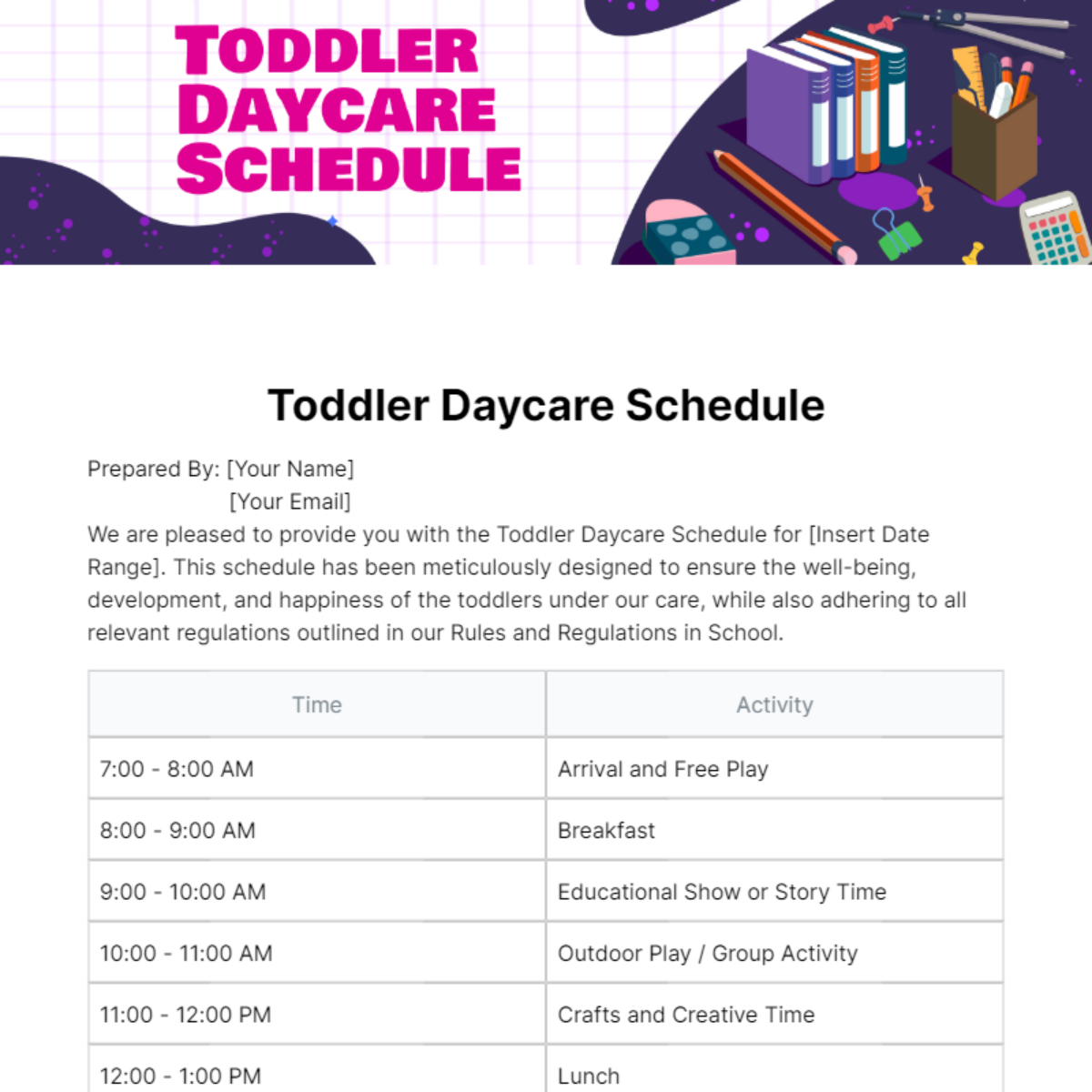 Toddler Daycare Schedule Template - Edit Online & Download