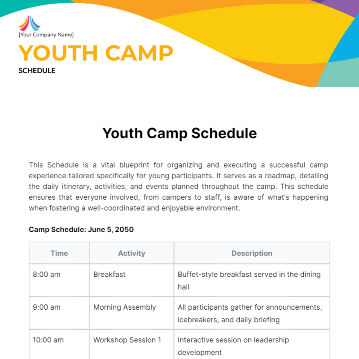 Youth Camp Schedule Template - Edit Online & Download