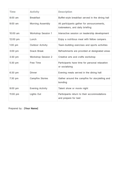 Free Youth Camp Schedule Template to Edit Online