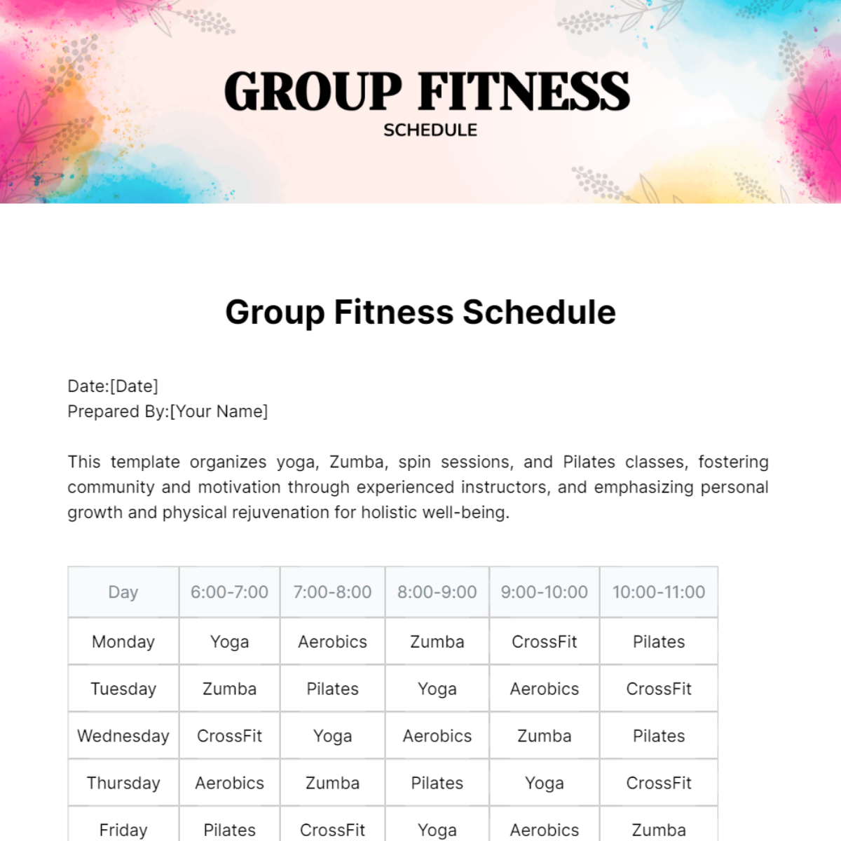 Group Fitness Schedule Template - Edit Online & Download Example