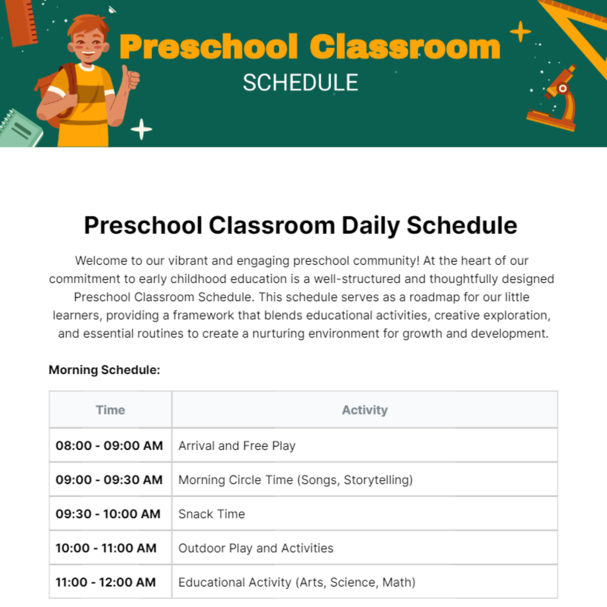 Preschool Classroom Schedule Template - Edit Online & Download