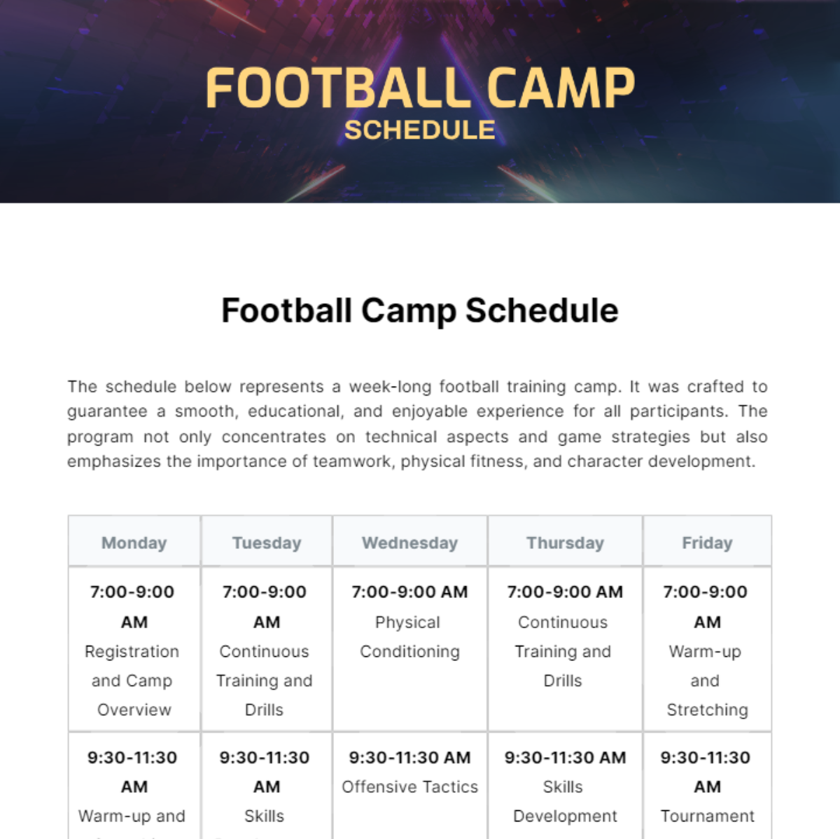 Football Camp Schedule Template - Edit Online & Download