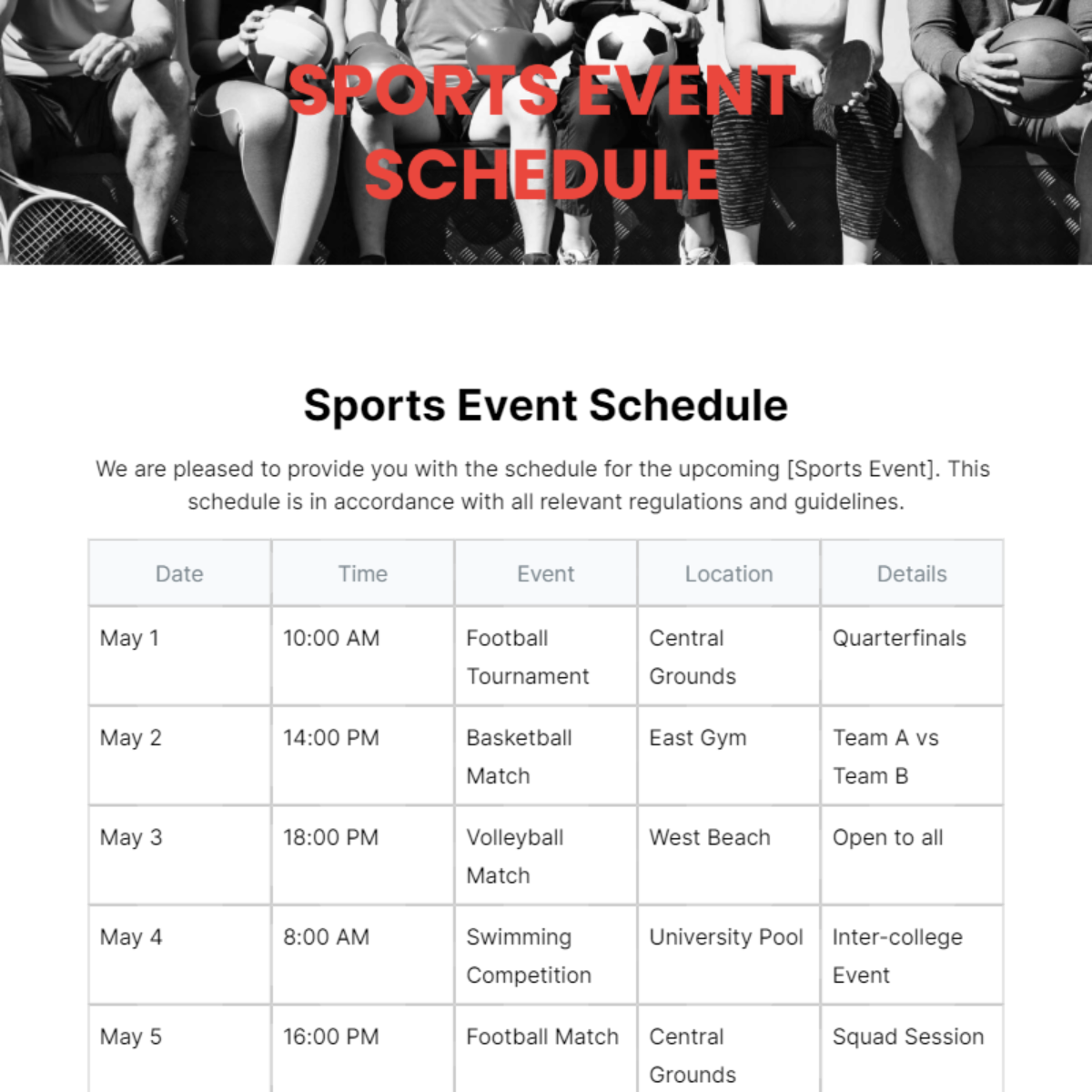 Sports Event Schedule Template - Edit Online & Download