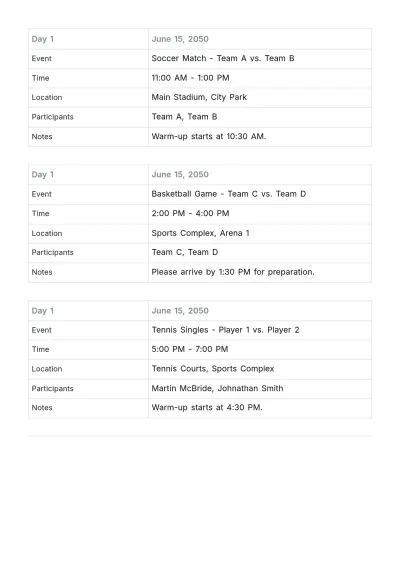 Free Sports Event Schedule Template to Edit Online