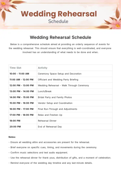Free Wedding Rehearsal Schedule Template to Edit Online