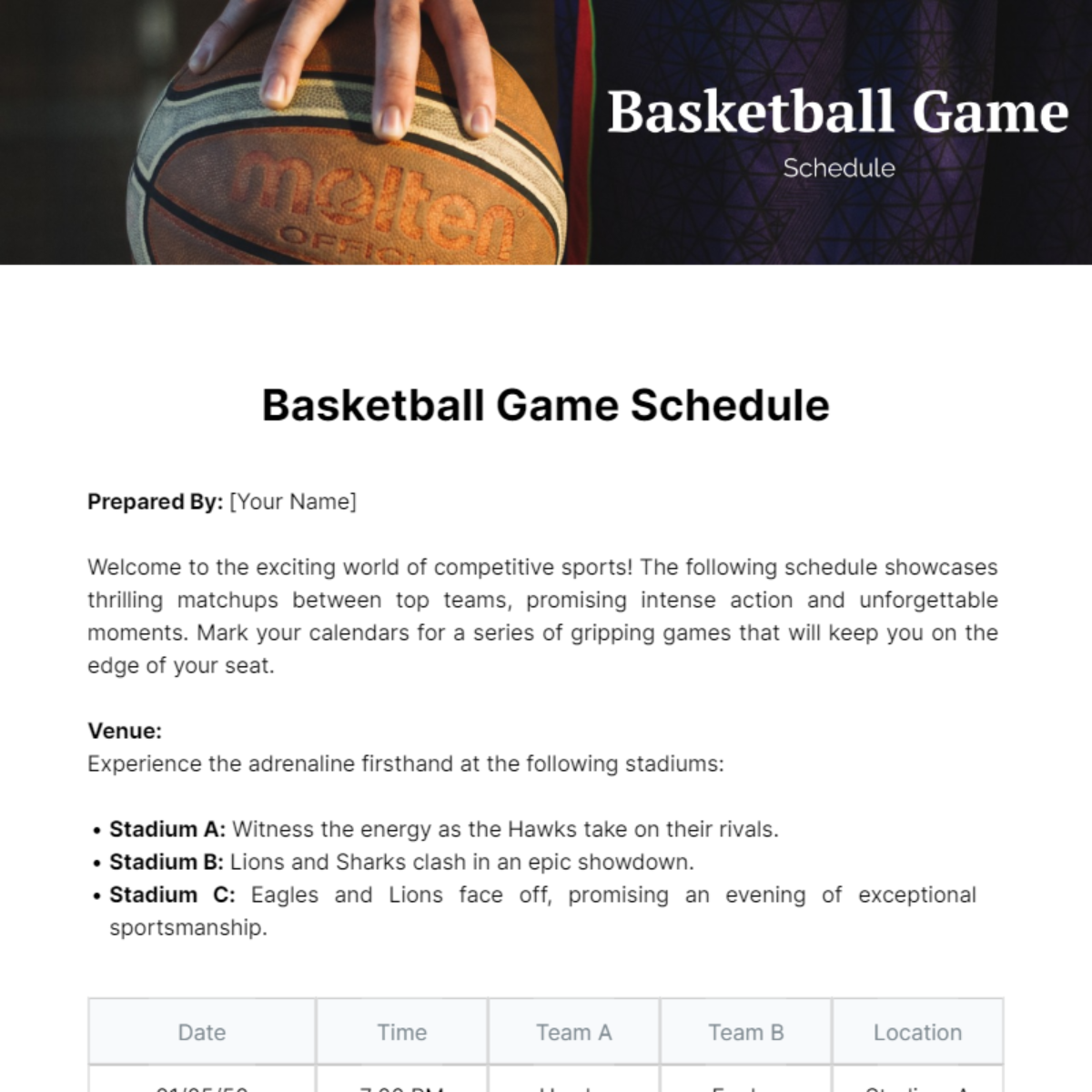 Basketball Game Schedule Template - Edit Online & Download