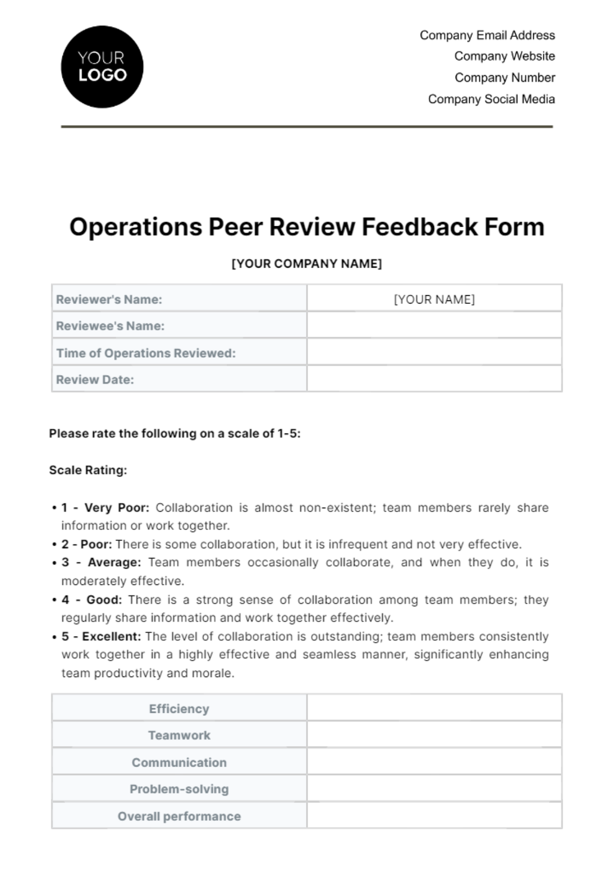 Operations Peer Review Feedback Form Template - Edit Online & Download