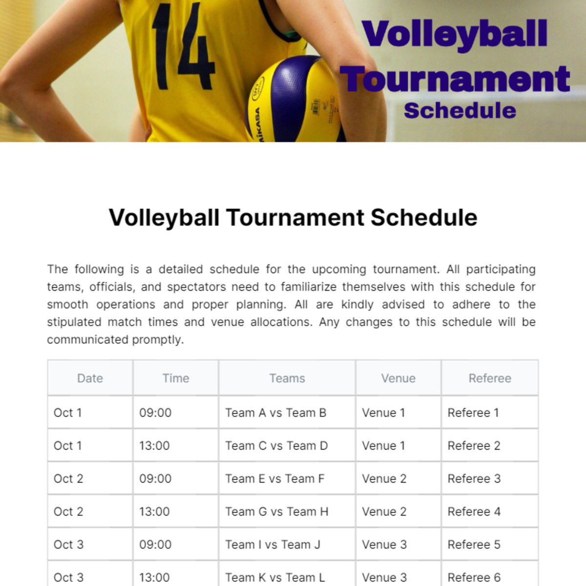 Volleyball Tournament Schedule Template - Edit Online & Download