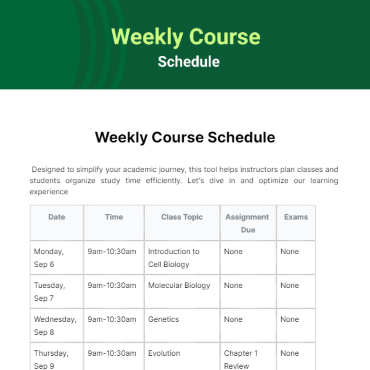 Weekly Course Schedule Template - Edit Online & Download