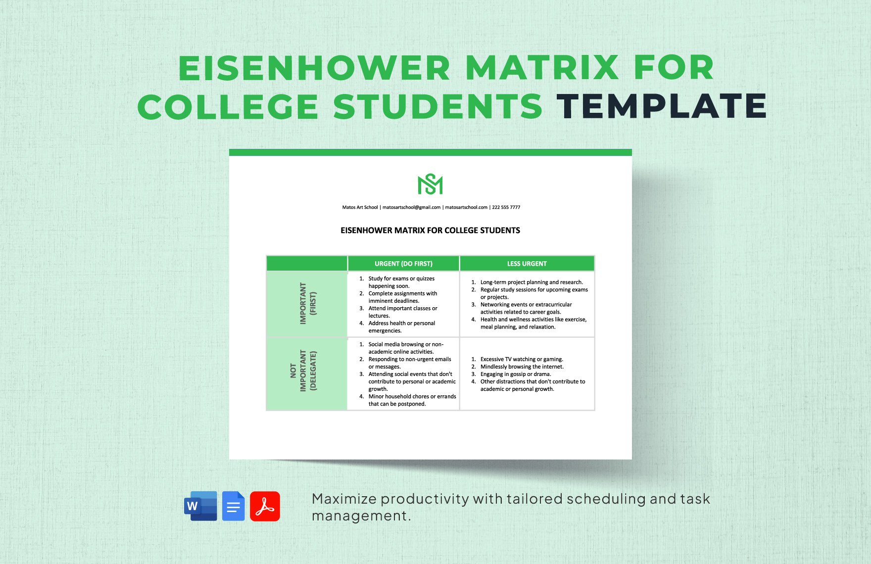 Eisenhower Matrix for College Students Template
