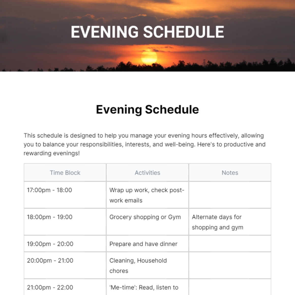 Evening Schedule Template - Edit Online & Download