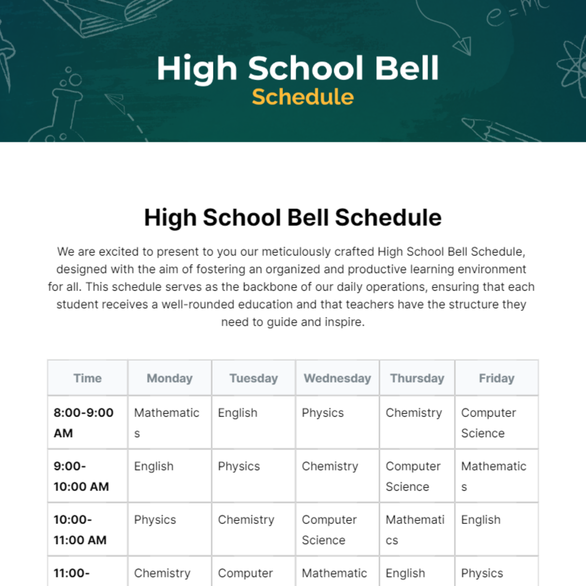 Free High School Bell Schedule Template to Edit Online