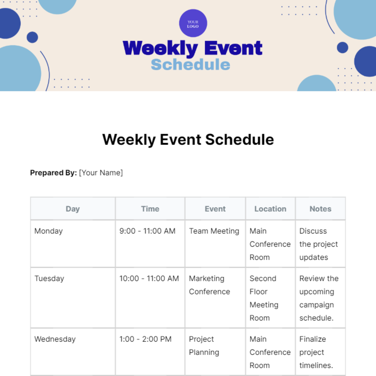 Weekly Event Schedule Template - Edit Online & Download Example ...