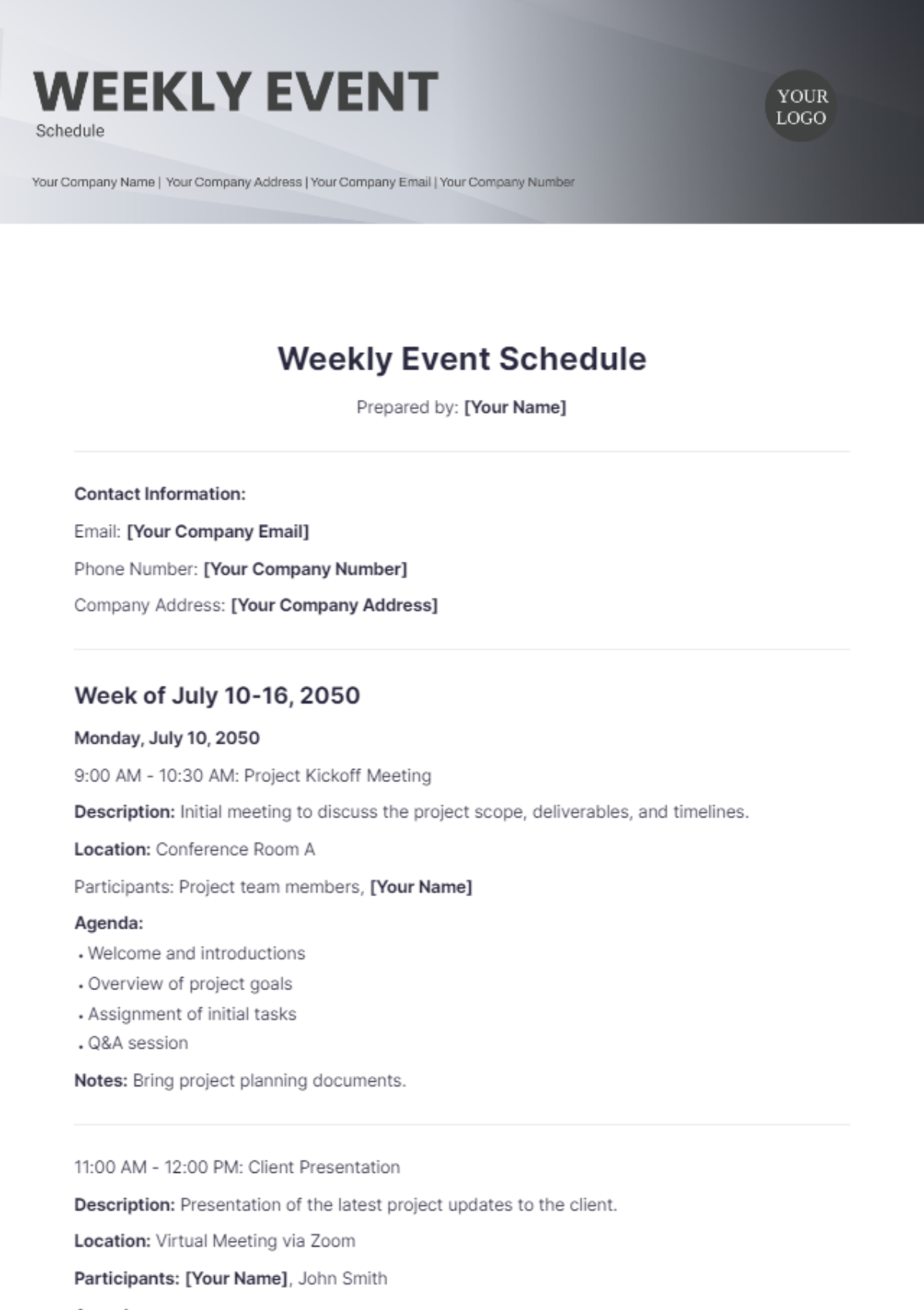 Weekly Event Schedule Template - Edit Online & Download