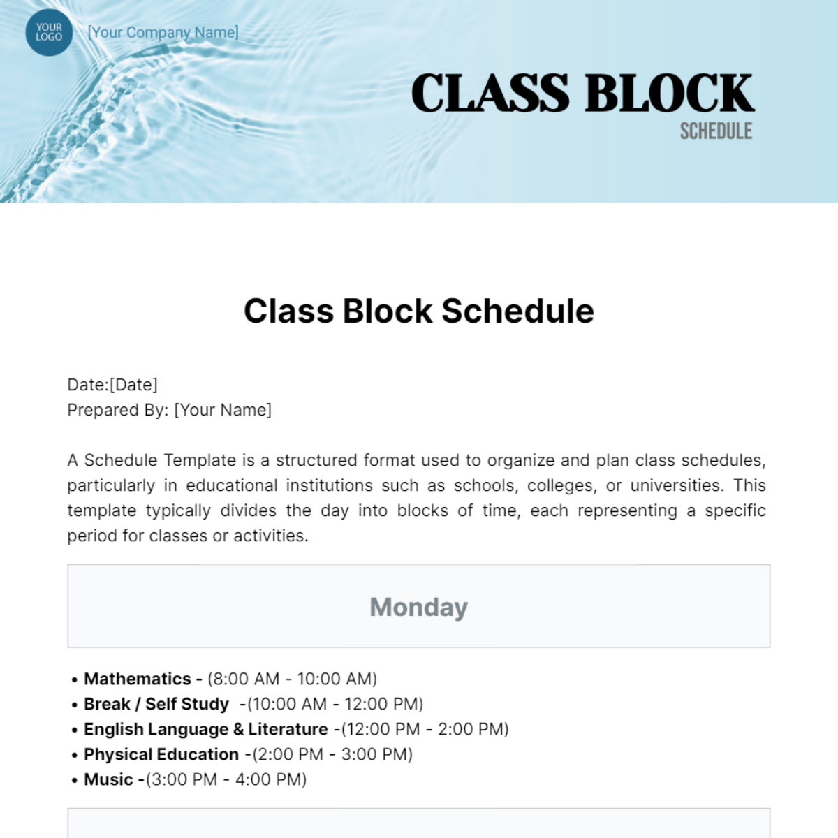 Class Block Schedule Template - Edit Online & Download