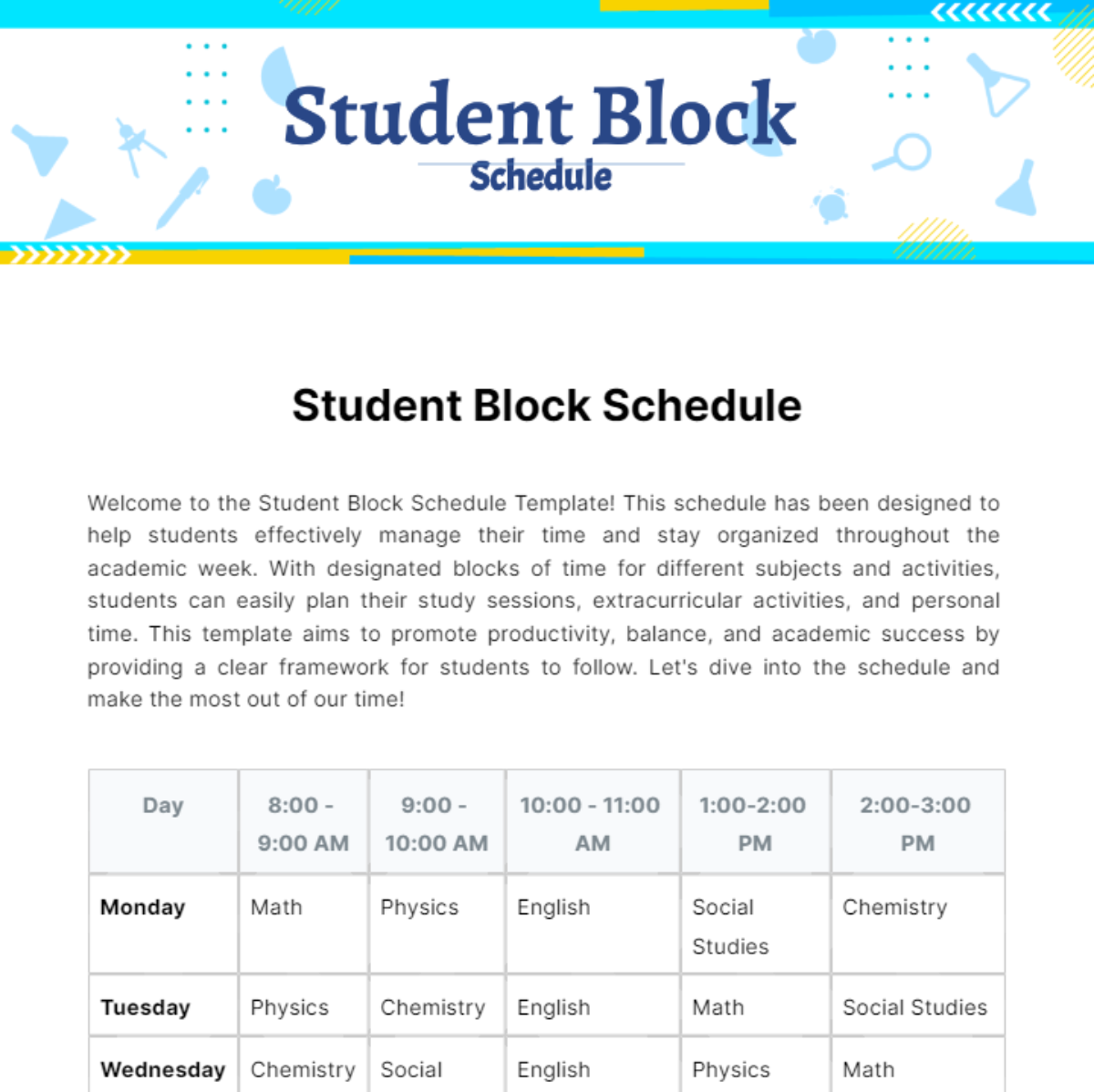 Student Block Schedule Template - Edit Online & Download