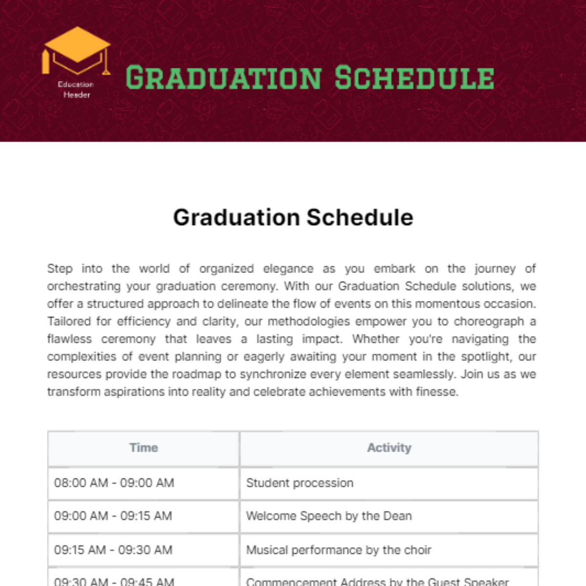 Graduation Schedule Template - Edit Online & Download