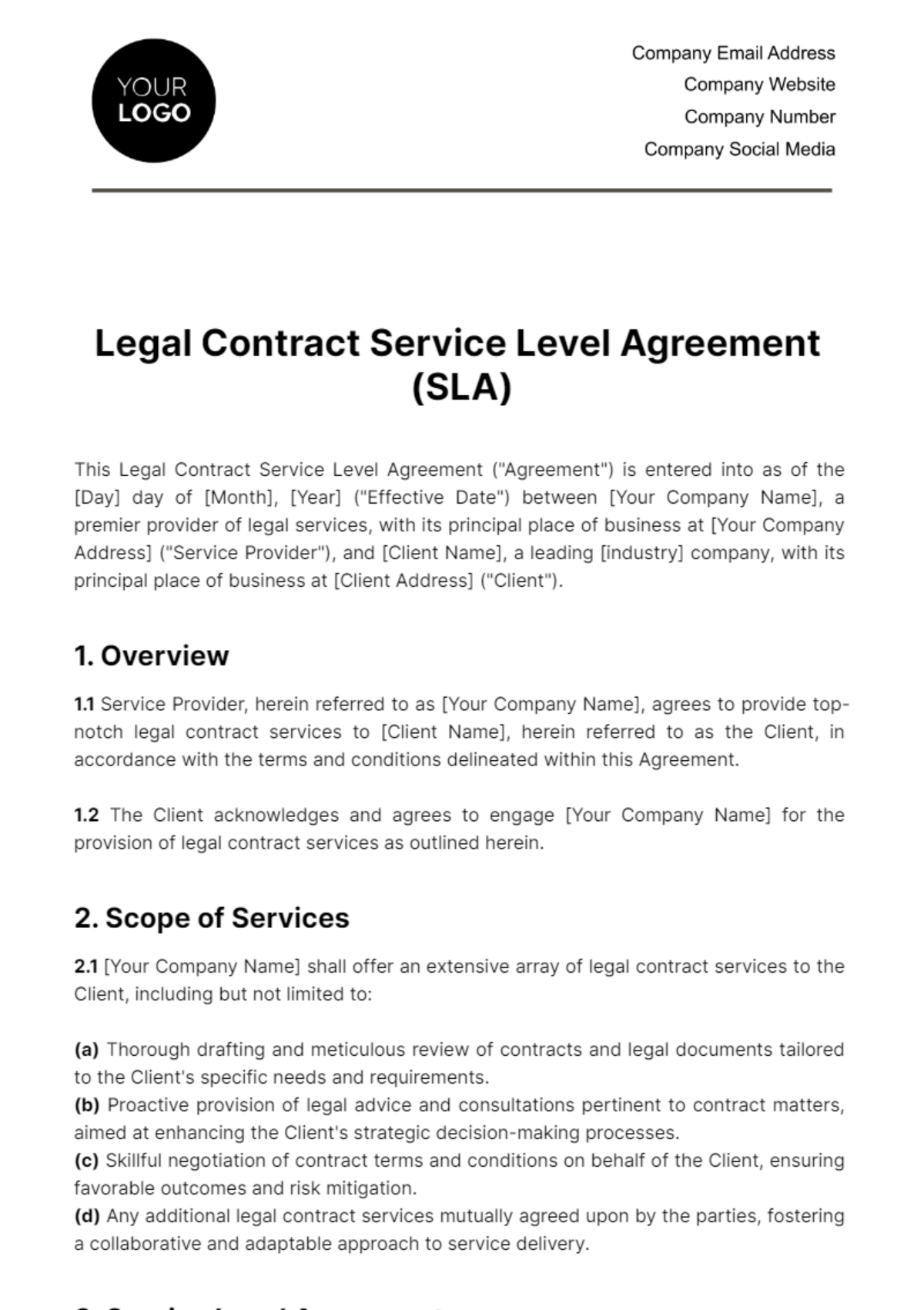 Legal Contract Service Level Agreement (SLA) Template