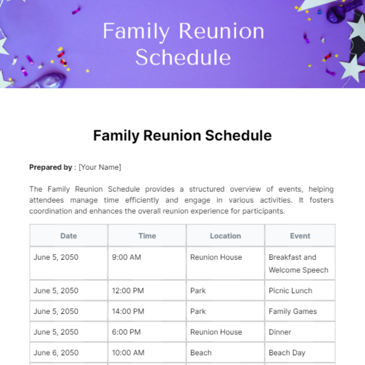 Family Reunion Schedule Template - Edit Online & Download