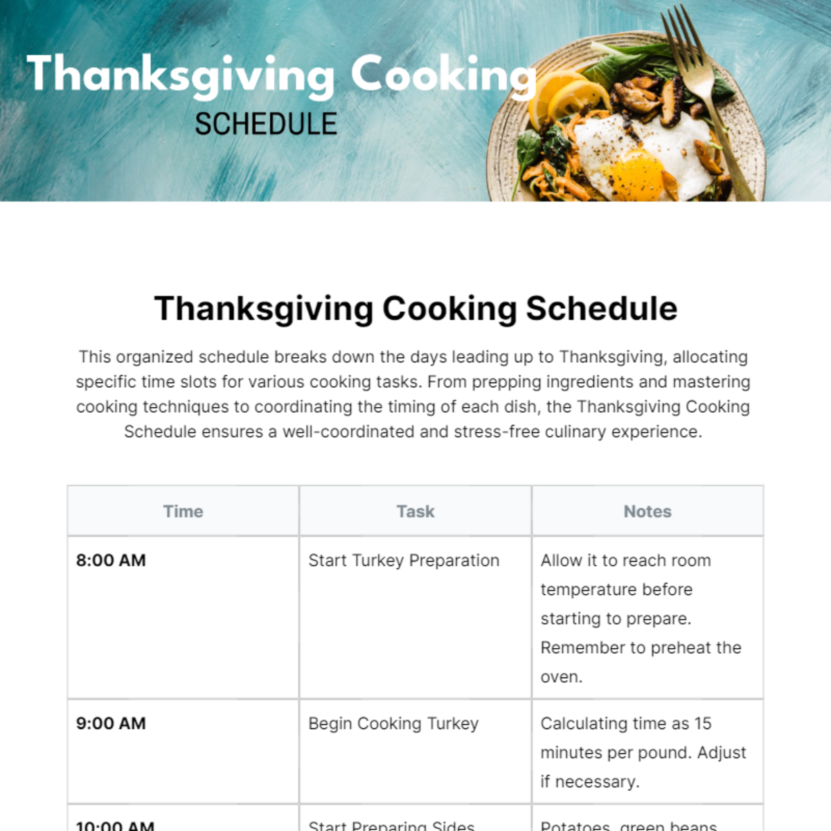 Thanksgiving Cooking Schedule Template