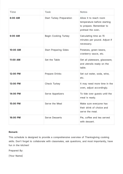Free Thanksgiving Cooking Schedule Template to Edit Online