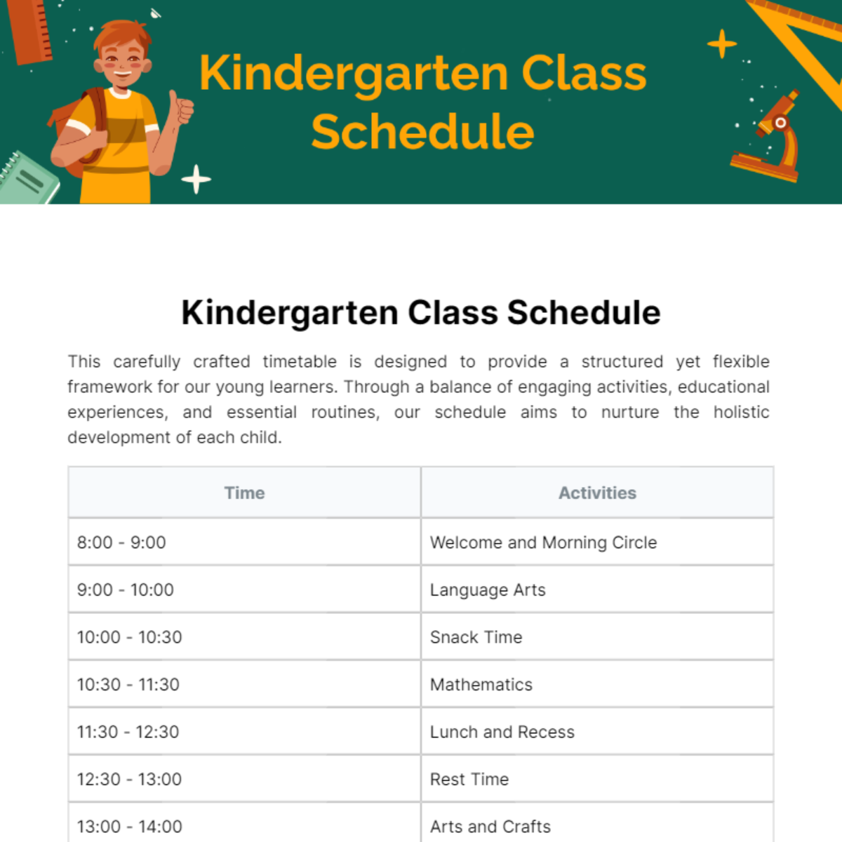 Free Kindergarten Class Schedule Template