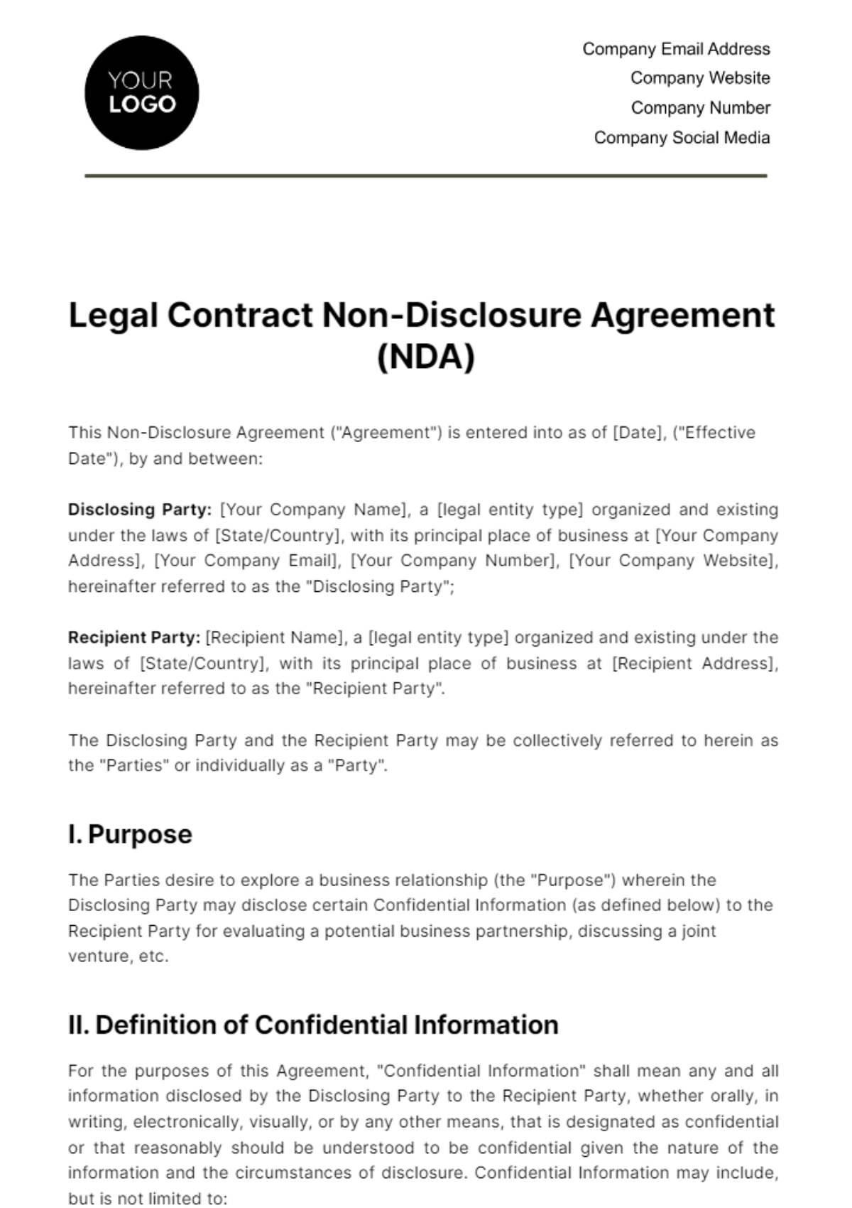 Legal Contract Non-Disclosure Agreement (NDA) Template
