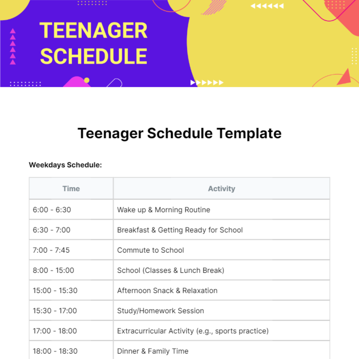 Teenager Schedule Template - Edit Online & Download