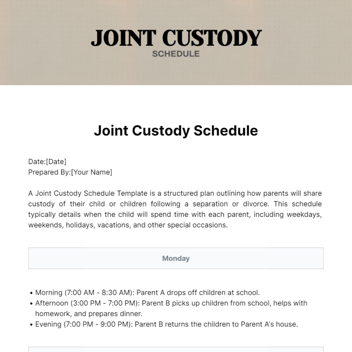 Joint Custody Schedule Template - Edit Online & Download